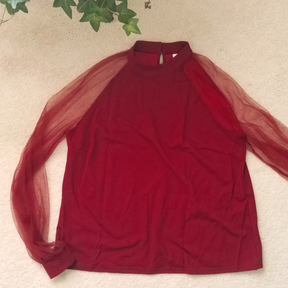 Sheer long sleeve Burgandy Blouse